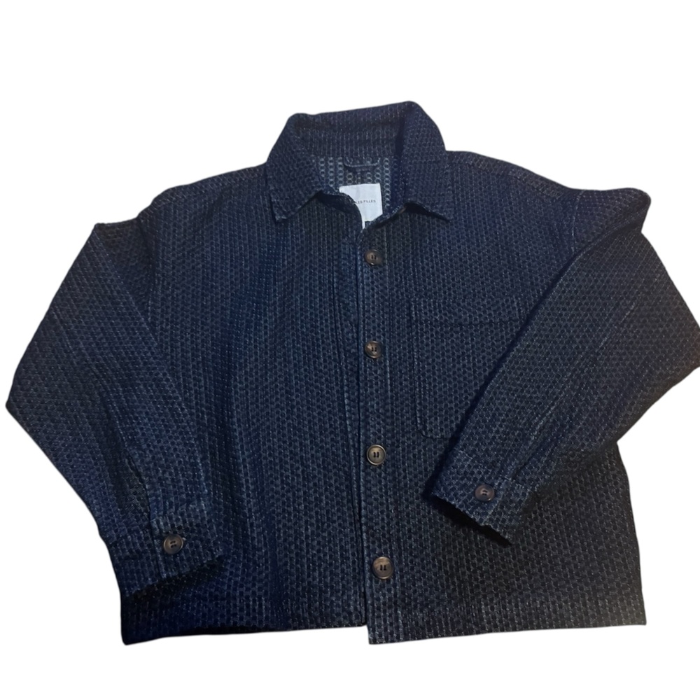 avec les filles cropped chore jacket indigo oversized jacket shacket sm textured